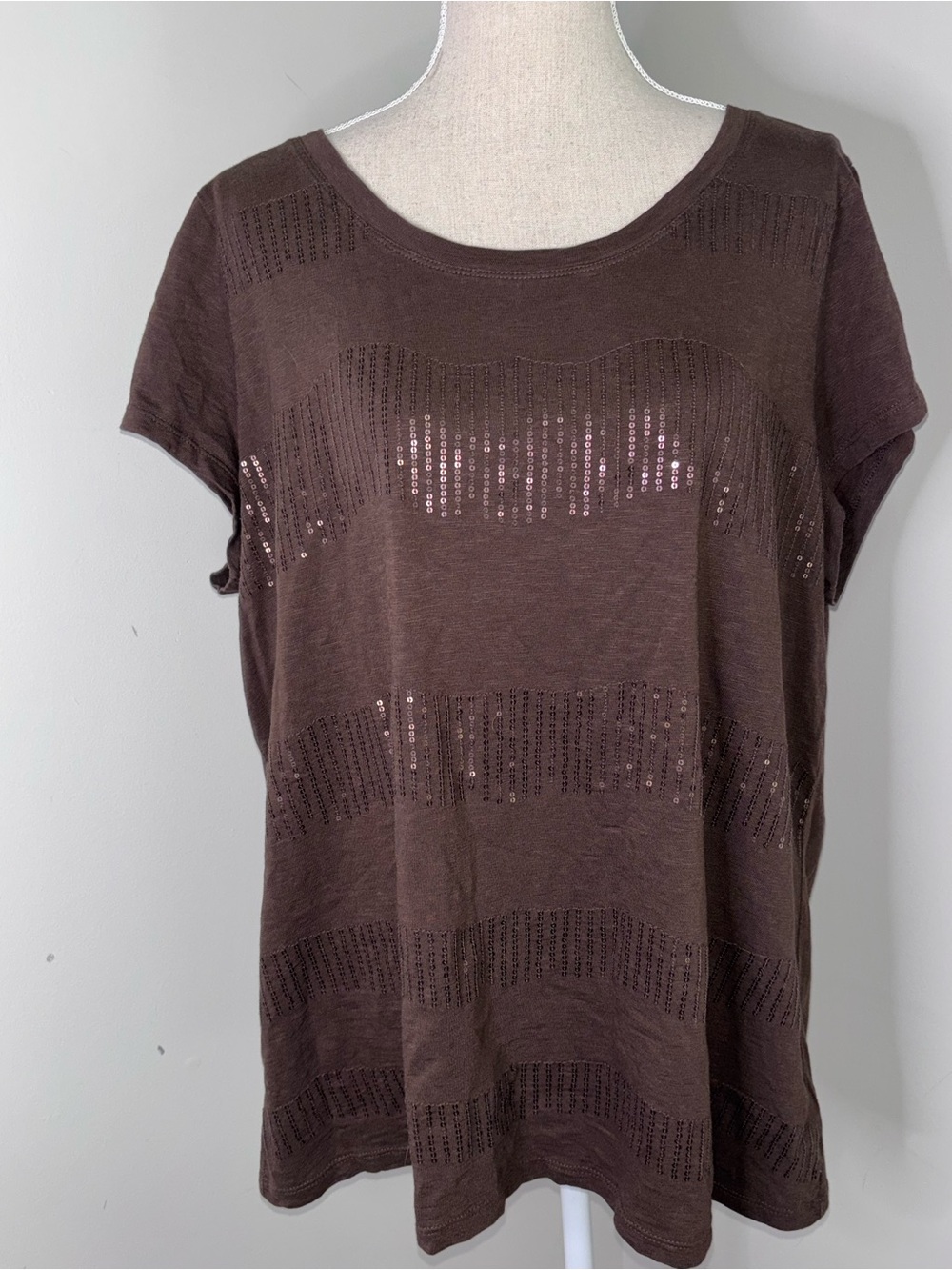 Coldwater Creek chocolate brown short sleeve tee shirt w/ disc sequin stripes 2X